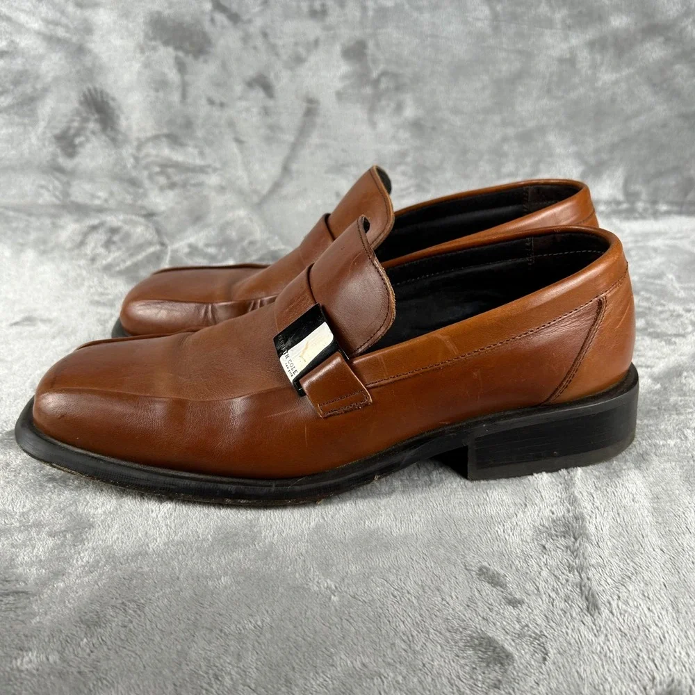 Kenneth Cole New York Mens Leather Loafers Cognac Brown Square Toe Size 11
